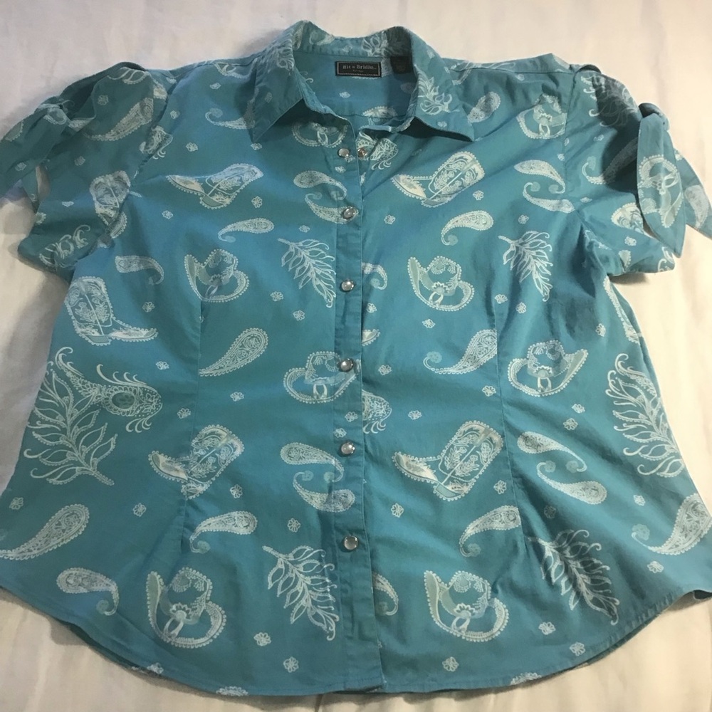 Bit & Bridle Cowboy Hat, Boots & Paisley Print Pearl Snap, Tie Sleeve Blouse, XL